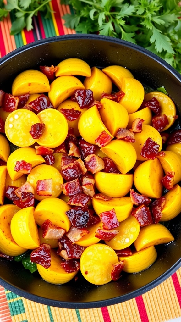 A delicious stir-fry of bacon and yellow squash in a skillet, garnished with herbs.